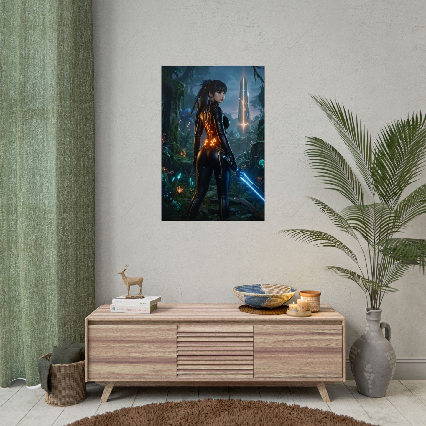 Alt Tag: EVE Poster, Stellar Blade Print, Futuristic Combat Hero Wall Decor showing a lone futuristic warrior in cinematic sci‑fi room display