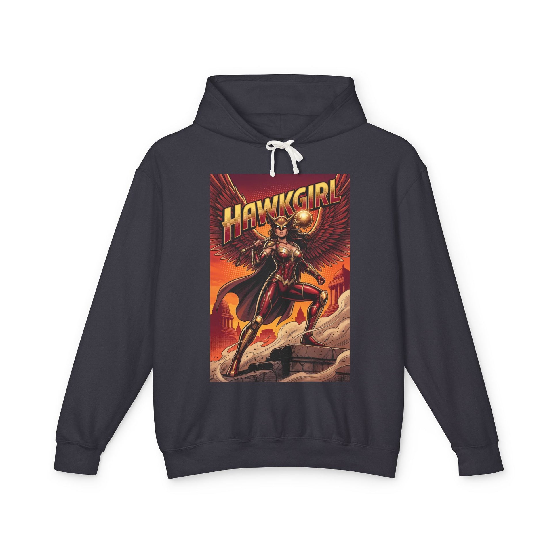 Hawkgirl Hoodie | DC Superhero Hoodie | Winged Warrior Pullover front-view black pullover with vintage Hawkgirl comic art and drawstring hood
