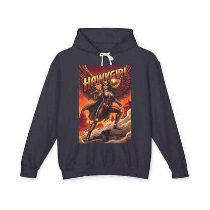 Hawkgirl Hoodie | DC Superhero Hoodie | Winged Warrior Pullover front-view black pullover with vintage Hawkgirl comic art and drawstring hood