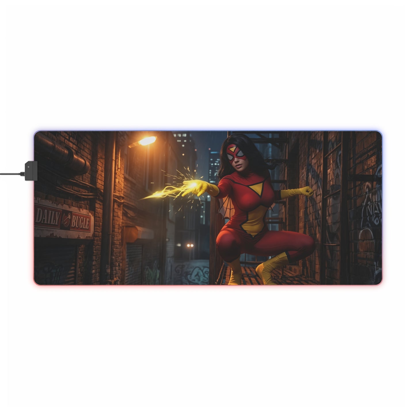 Spider-Woman Desk Mat – LED RGB Pad, Waifu Hero Anime Girl Setup featuring athletic superheroine casting web-energy on illuminated city alley gaming mat