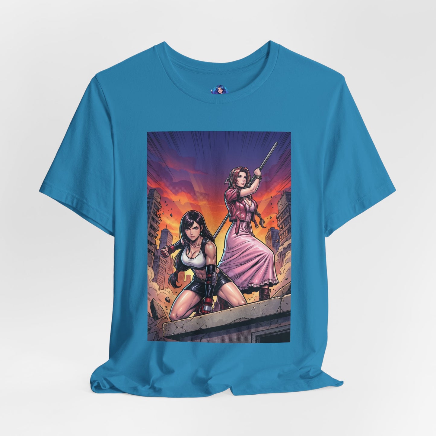 Tifa Lockhart and Aerith Gainsborough T-Shirt | Final Fantasy Duo Anime Tee - dramatic urban battle anime illustration on Bella Canvas 3001