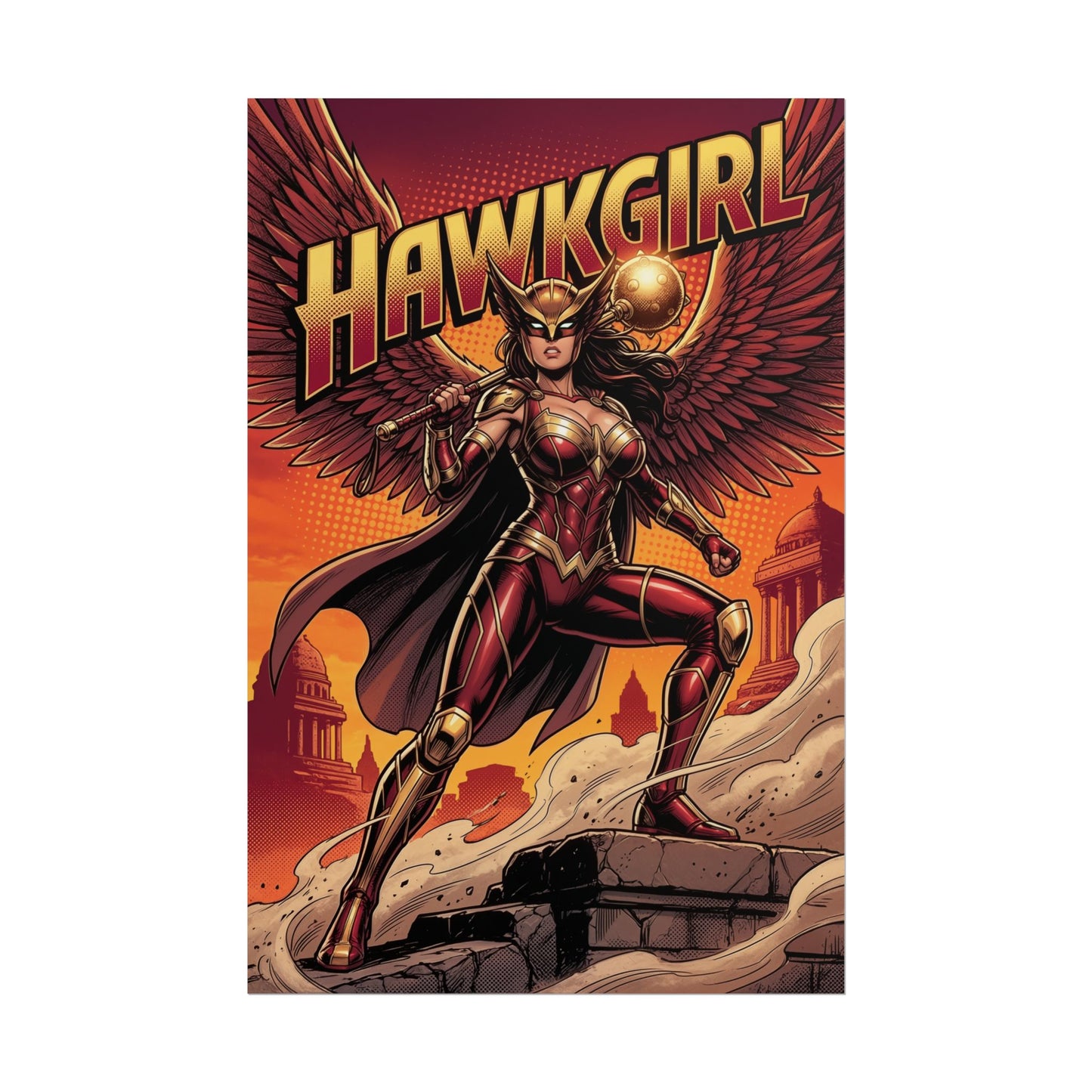 Hawkgirl Poster / Hawkgirl Wall Art / Hawkgirl Art Print / DC Comics Poster - heroic Hawkgirl with mace and wings over city at golden hour