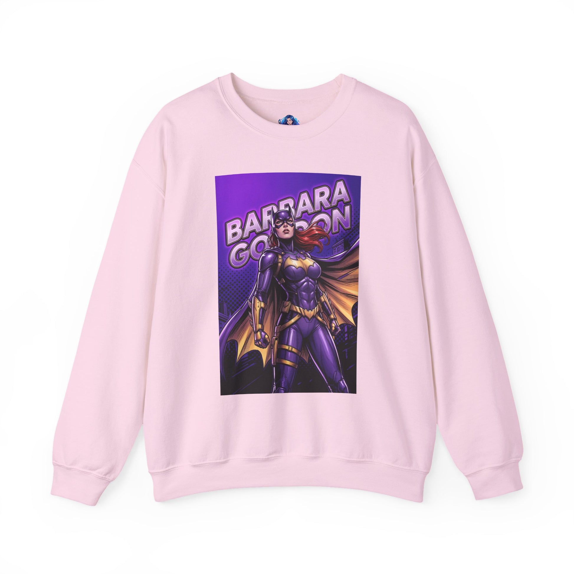Batgirl Sweatshirt, DC Comics Crewneck, Gotham Hero Fan Apparel - pink crewneck featuring purple-and-gold Batgirl graphic with flowing red hair and bold comic art