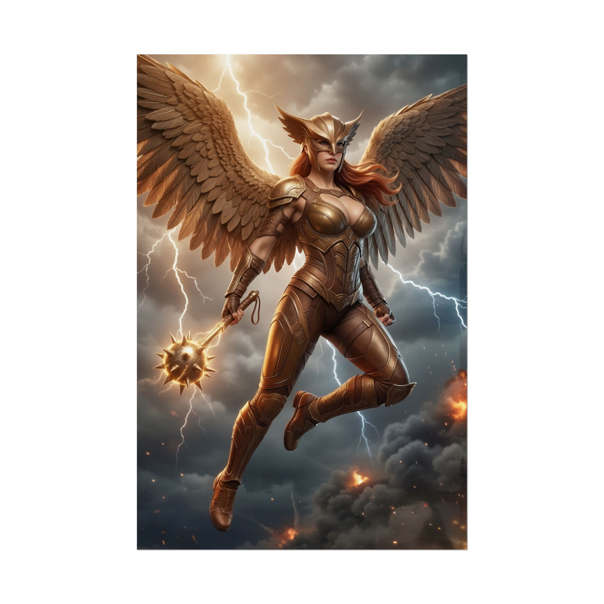 Hawkgirl Poster, DC Comics Art Print  Mythic Hero Wall Decor featuring Hawkgirl in armor with wings and mace against stormy lightning sky