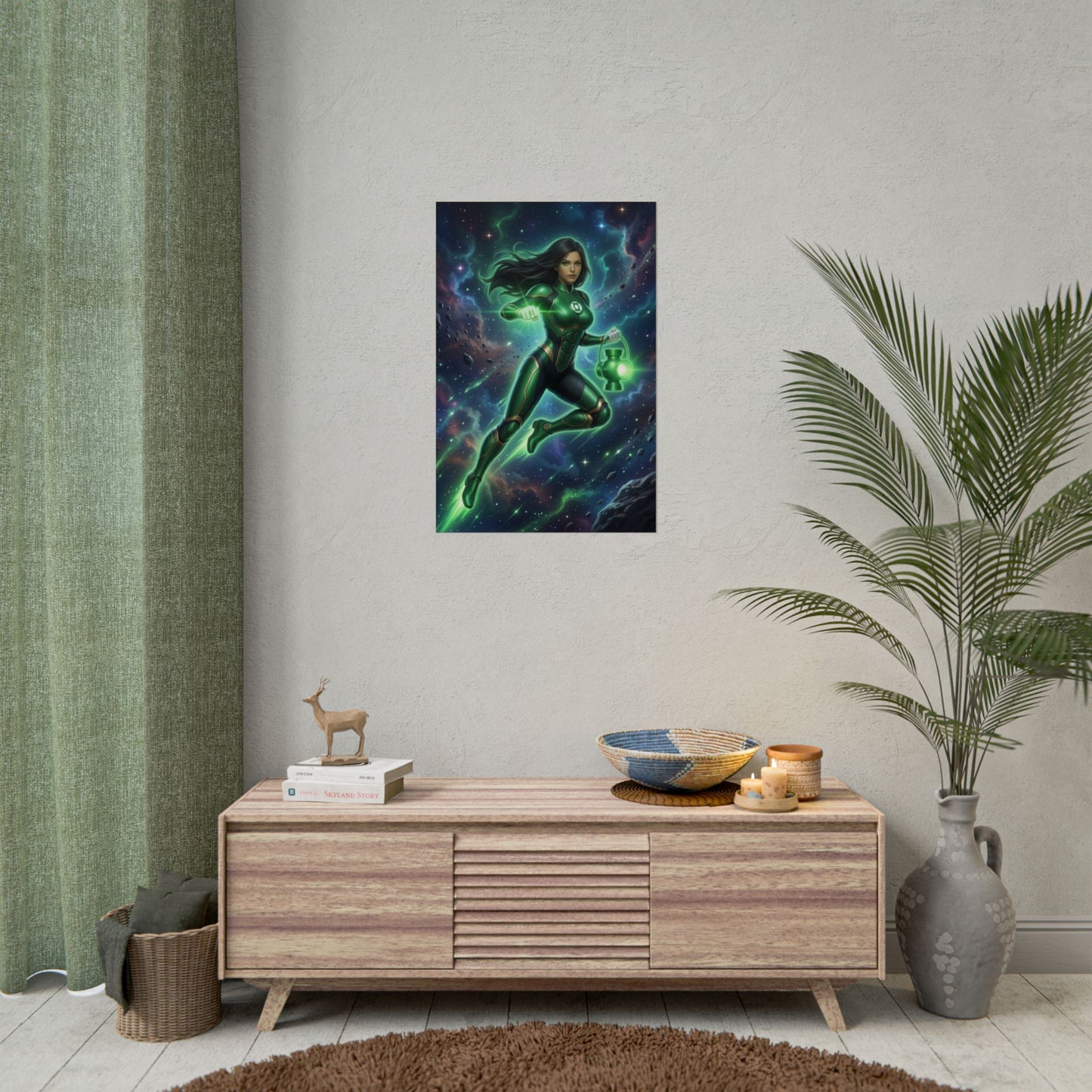 Jessica Cruz Poster, DC Comics Art Print – Superhero Wall Art showing Jessica Cruz Green Lantern dynamic cosmic artwork over modern gamer room decor