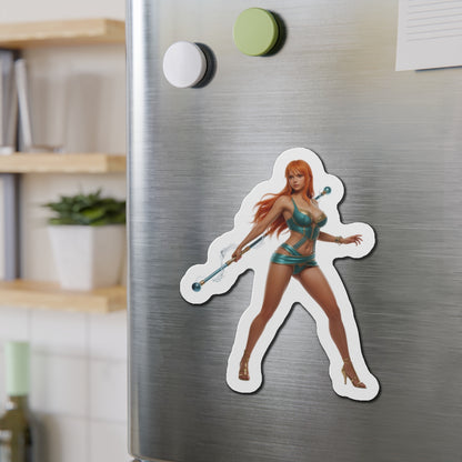 Nami Magnet – One Piece Anime Heroine Fridge Magnet, Pirate Decor showing die-cut vinyl Nami magnet on stainless steel fridge