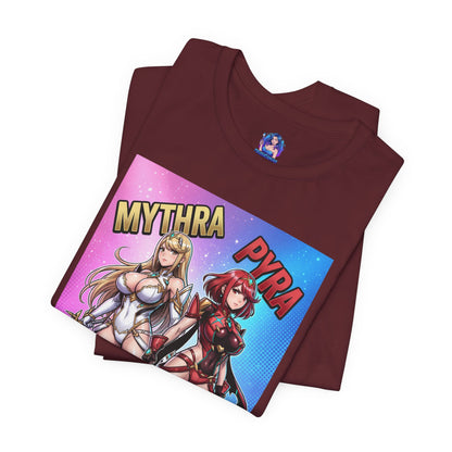 Mythra and Pyra T-Shirt | Anime Tee for Gamers showing side-by-side Mythra and Pyra illustration on a maroon Bella Canvas tee