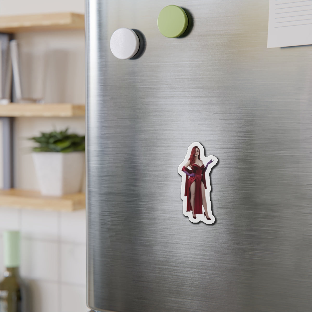Jessica Rabbit Magnet – Cartoon Icon Fridge Magnet, Anime Style Decor on stainless fridge showing die-cut vinyl magnet of Jessica Rabbit in anime-style red dress