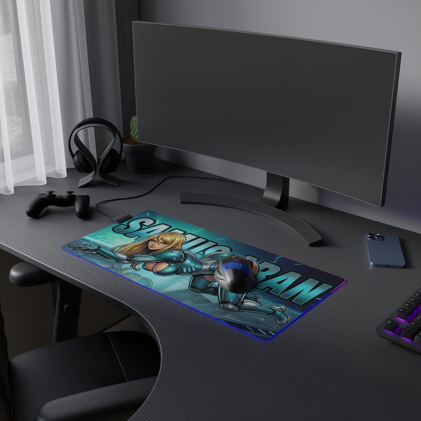 Samus Aran RGB Desk Mat, Futuristic Gaming Mouse Pad, LED Desk Mat for Gamer Setup on black gaming desk with glowing accents and non-slip base