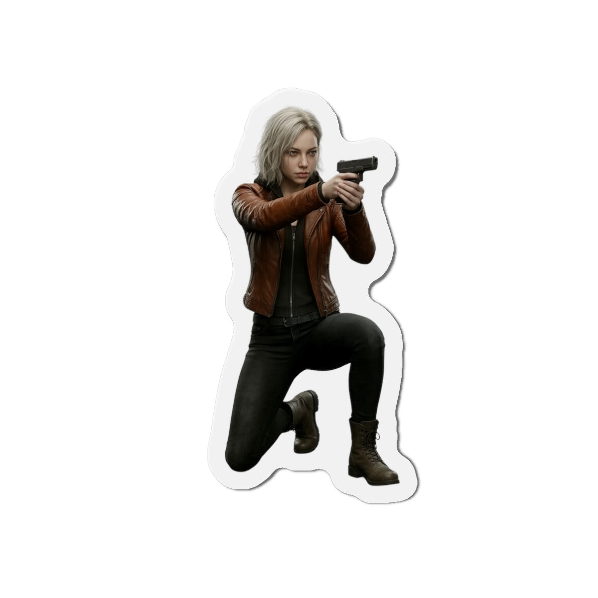 Grace Ashcroft Magnet, Resident Evil Fridge Magnet, Survival Horror Game Decor — high‑res vinyl magnet showing Grace Ashcroft kneeling and aiming a handgun