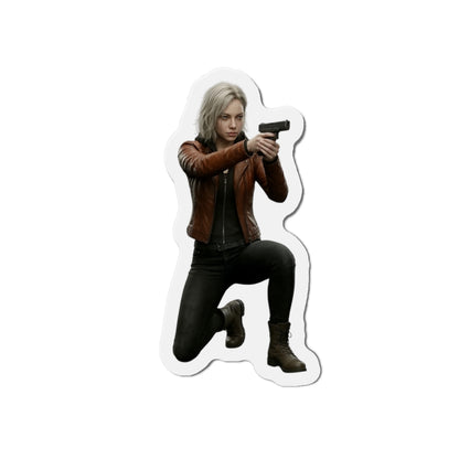 Grace Ashcroft Magnet, Resident Evil Fridge Magnet, Survival Horror Game Decor — high‑res vinyl magnet showing Grace Ashcroft kneeling and aiming a handgun