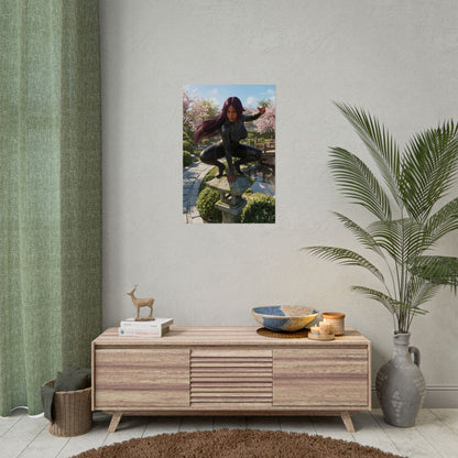 Yoruichi Shihouin Poster, Bleach Art Print – Anime Heroine Wall Art displayed in modern gamer room decor over wooden console