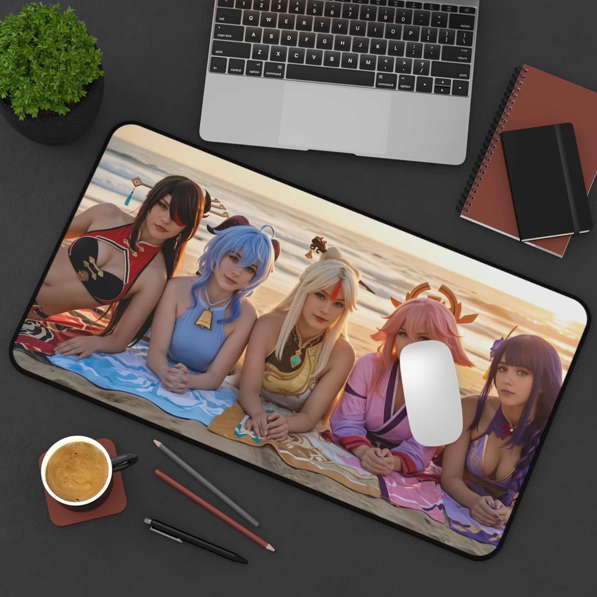 Genshin Impact Girls Gaming Mouse Pad, Anime RPG Desk Mat, Fantasy Heroine Setup featuring cosplayers on beach desk mat