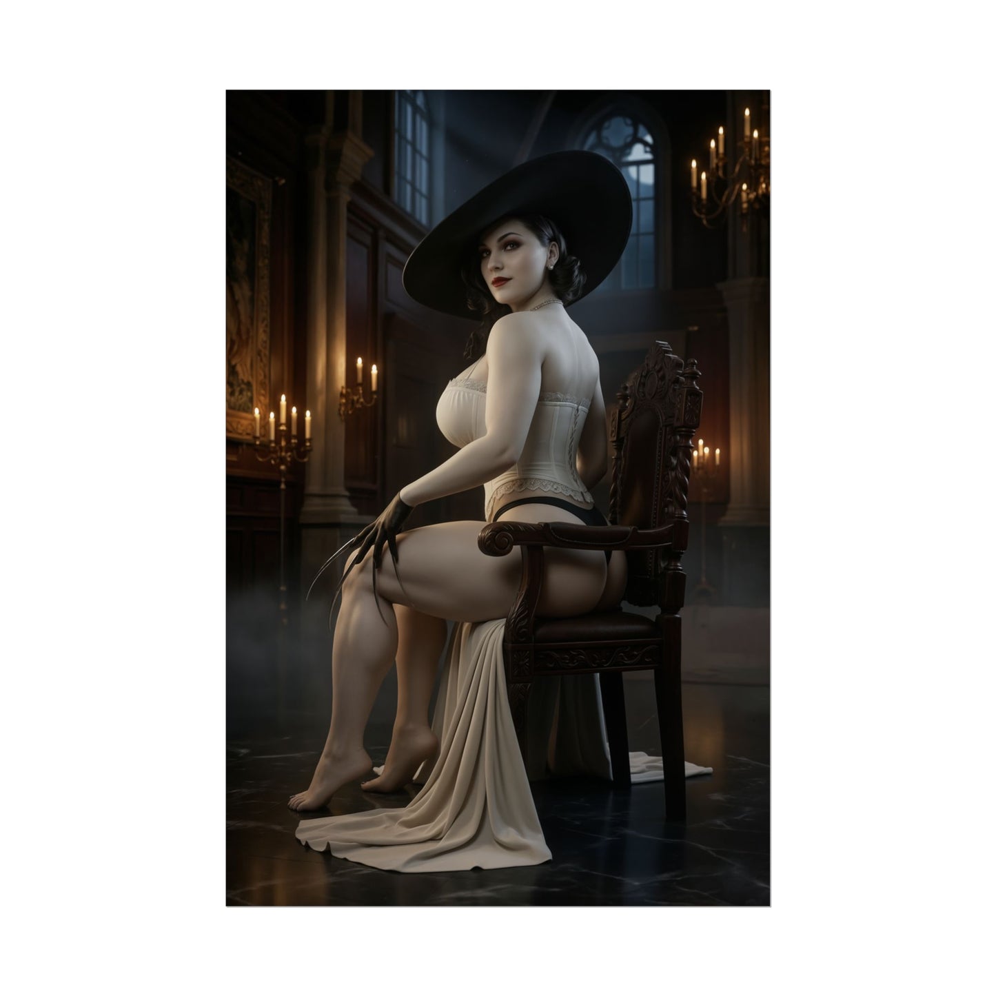 Lady Dimitrescu Poster Resident Evil Wall Art Print Gothic Room Decor elegant vampire lady seated in castle with candlelight and gothic luxury