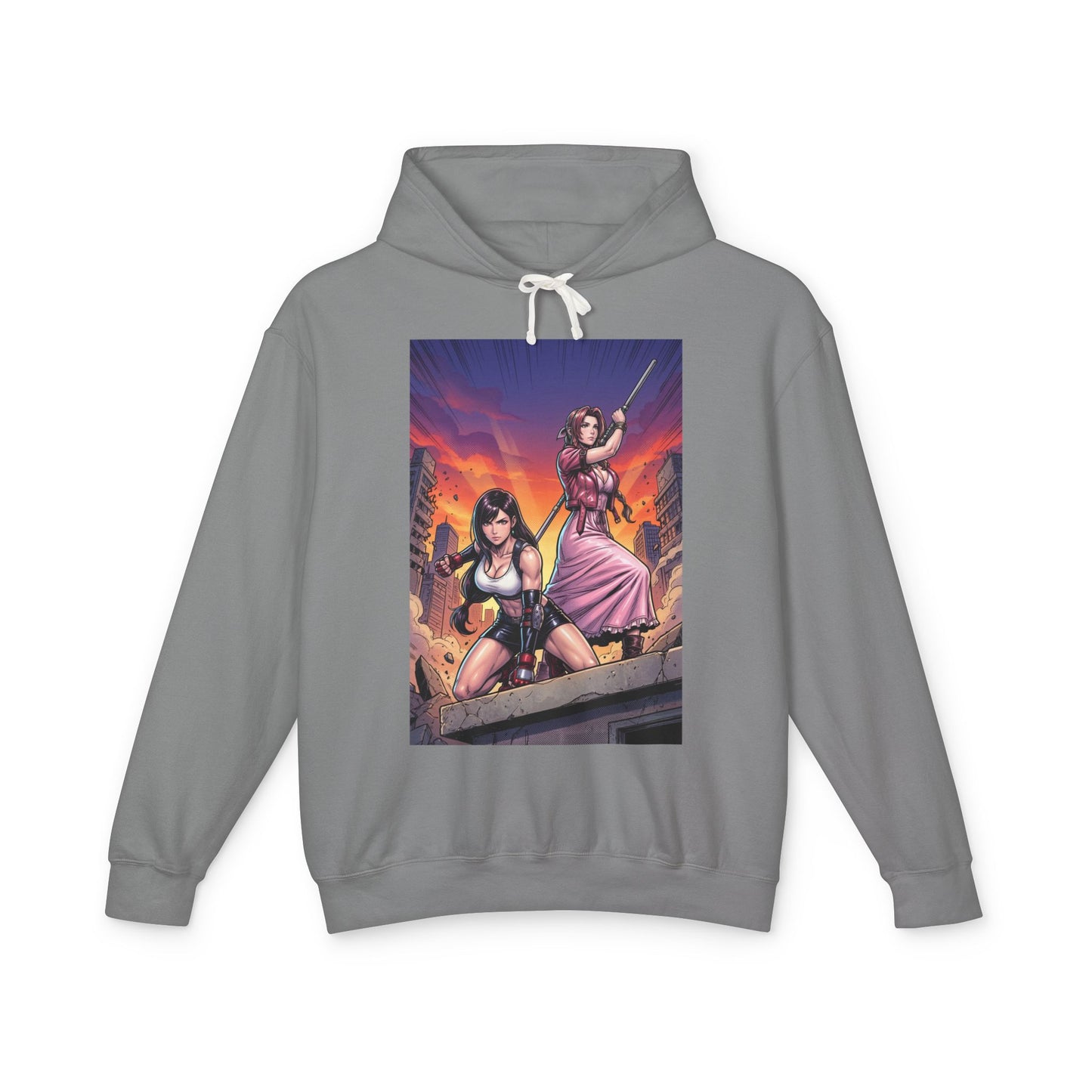 Tifa & Aerith Hoodie | Final Fantasy Heroine Hoodie | Legendary Duo Pullover - grey hoodie with illustrated Tifa and Aerith rooftop action design