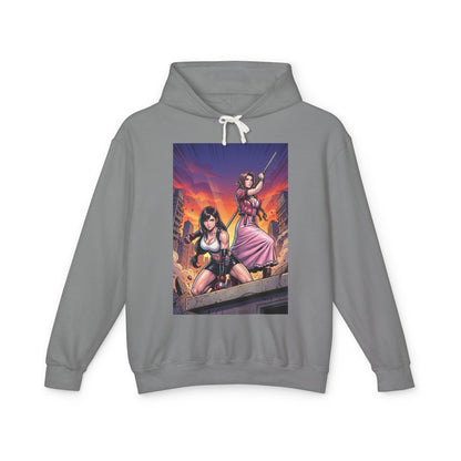 Tifa & Aerith Hoodie | Final Fantasy Heroine Hoodie | Legendary Duo Pullover - grey hoodie with illustrated Tifa and Aerith rooftop action design