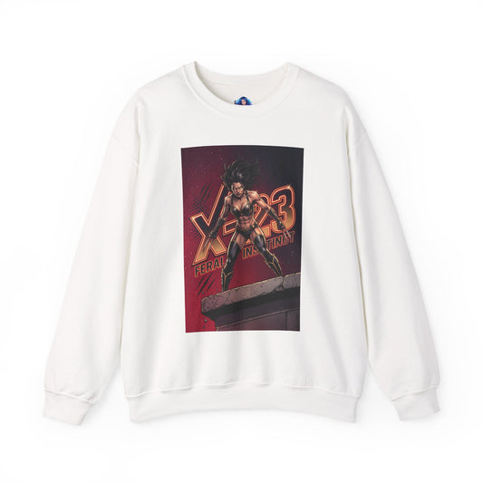X-23 Sweatshirt, Marvel Crewneck, Feral Instinct Superhero Fan Apparel - white crewneck with fierce X-23 graphic showing claws and battle stance