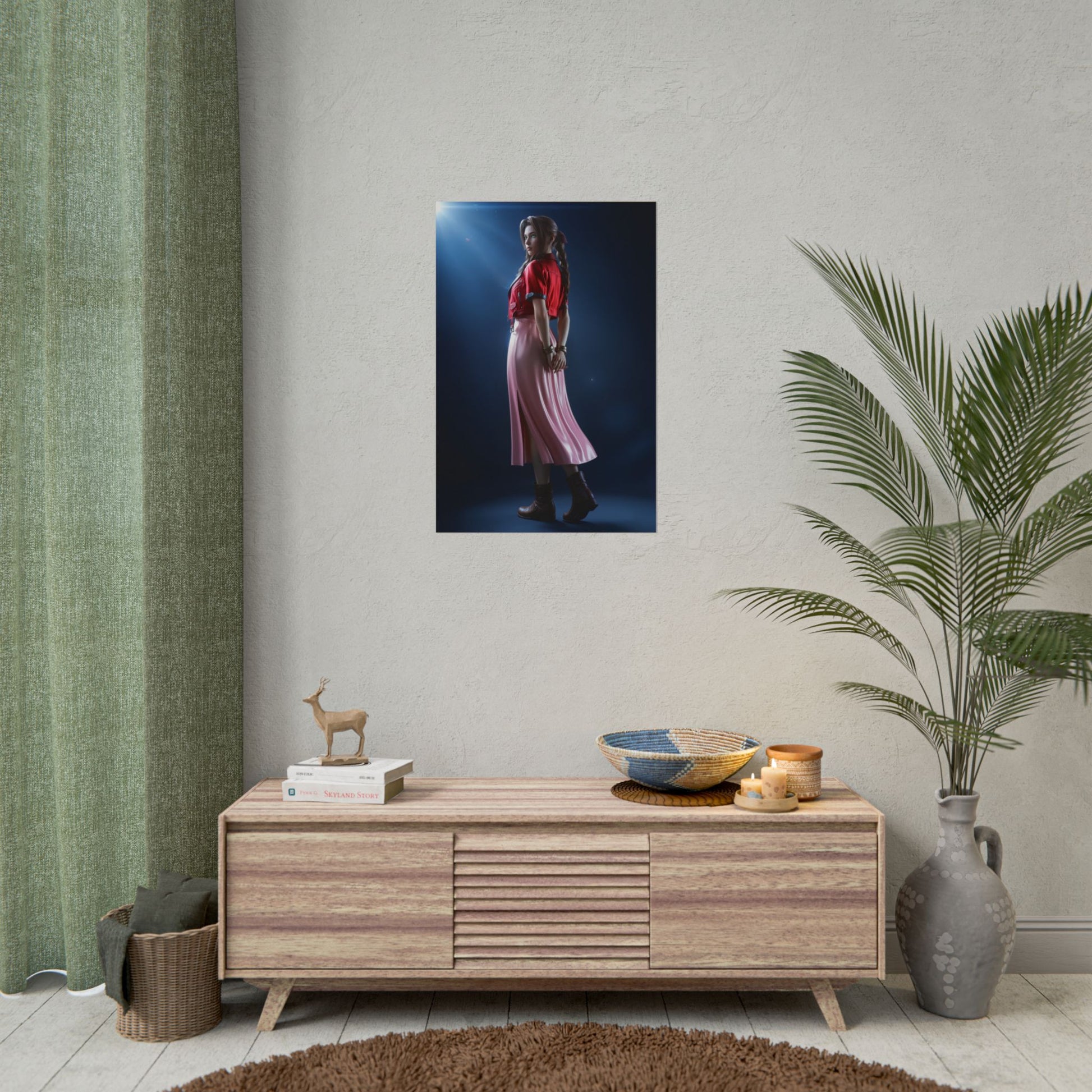 Aerith Final Fantasy Poster – Iconic RPG Heroine Wall Art for Gamer Decor, high-res portrait poster displayed in modern gaming room