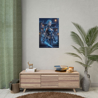 Frost Poster, Mortal Kombat Art Print – Iconic Cryomancer Fighter Wall Art poster on modern gamer room wall showing armored cryomancer with ice blade
