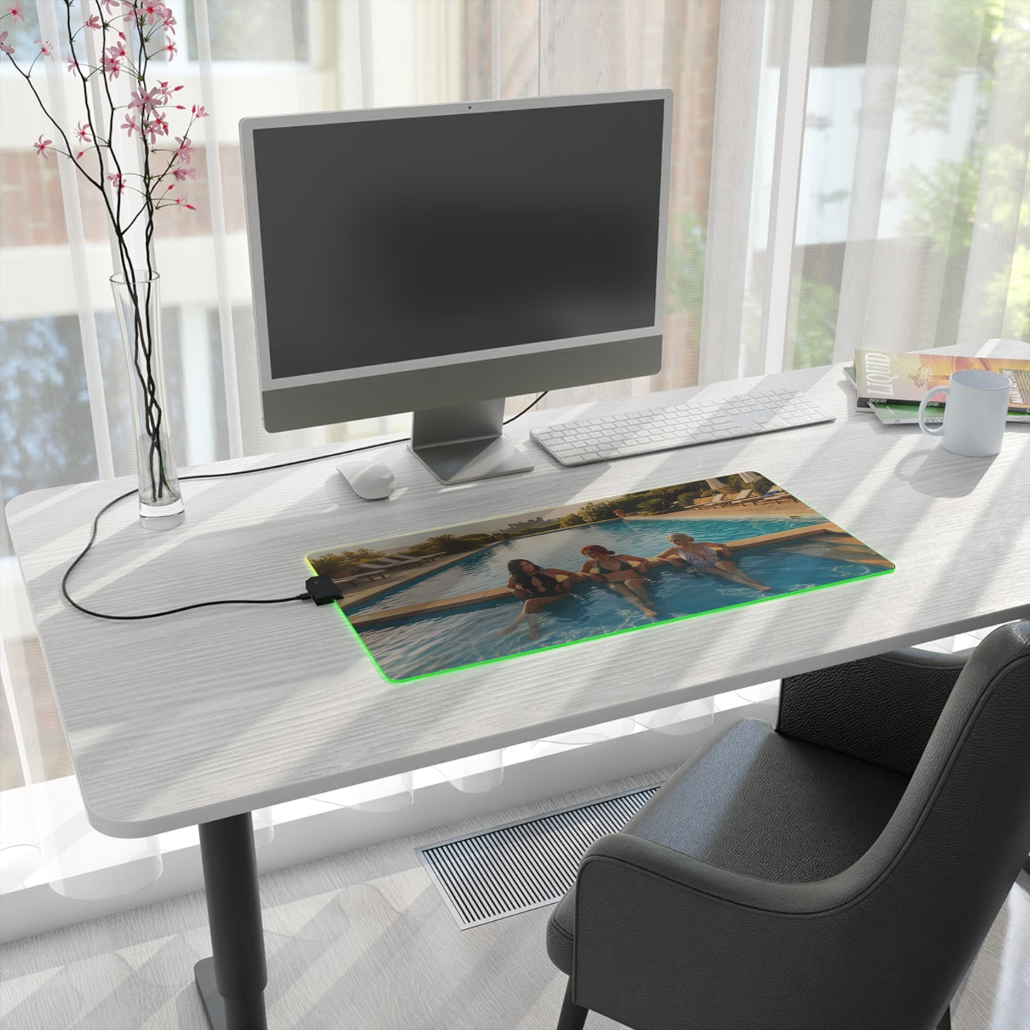 Ciri, Triss Merigold & Yennefer Desk Mat – LED RGB Pad on modern white desk with RGB glow, trio artwork centerpiece for gaming and creative setups