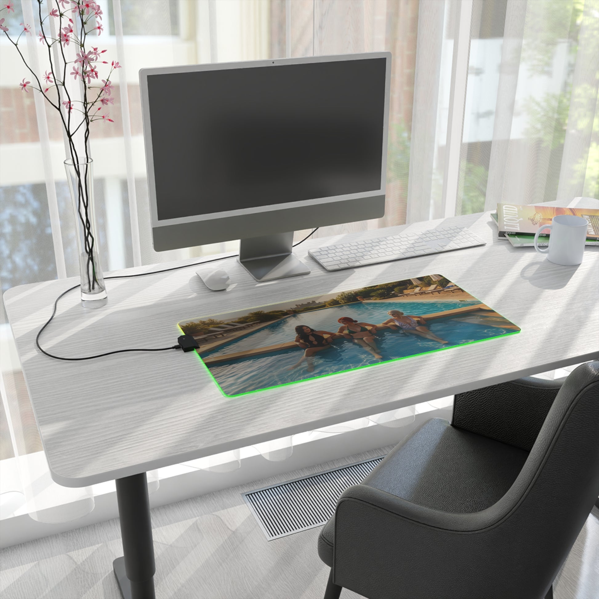 Ciri, Triss Merigold & Yennefer Desk Mat – LED RGB Pad on modern white desk with RGB glow, trio artwork centerpiece for gaming and creative setups