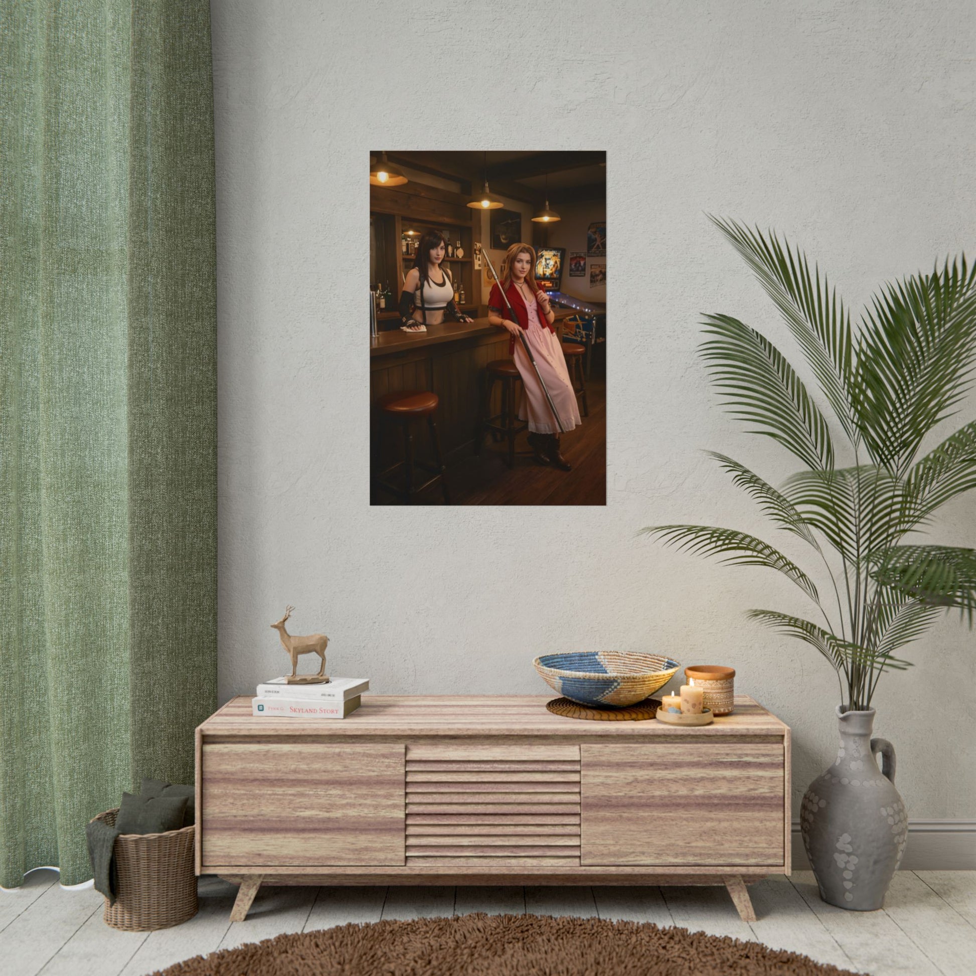 Tifa and Aerith Poster, Final Fantasy Art Print – Classic RPG Heroines hanging in a stylish gaming room, ultra-high resolution wall art
