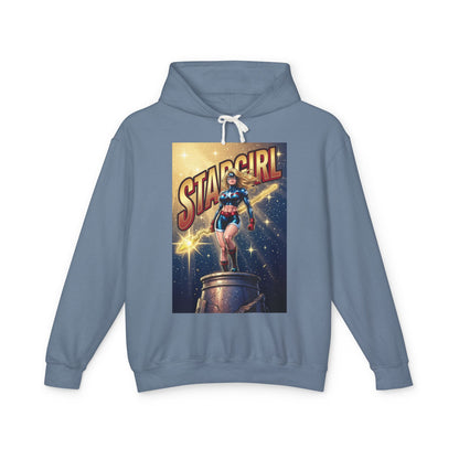 Stargirl Hoodie | DC Superhero Hoodie | Cosmic Staff Pullover — blue cotton pullover featuring Stargirl graphic with cosmic staff and vintage comic poster