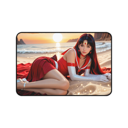 Sailor Mars Desk Mat, Sailor Moon Mouse Pad, Anime Girl Desk Setup Decor featuring Rei Hino reclining on a sunlit beach in red sailor outfit