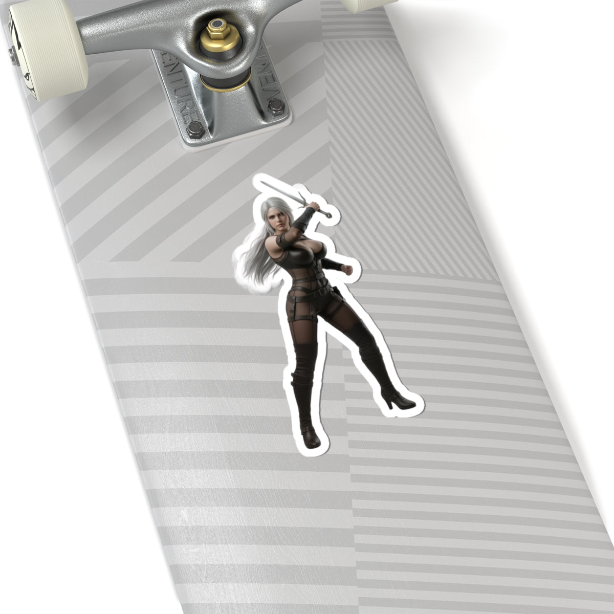 Ciri Sticker – Fantasy Game Vinyl Sticker for Laptops & Indoor Decor on skateboard showing glossy durable vinyl, crisp detail and strong adhesive