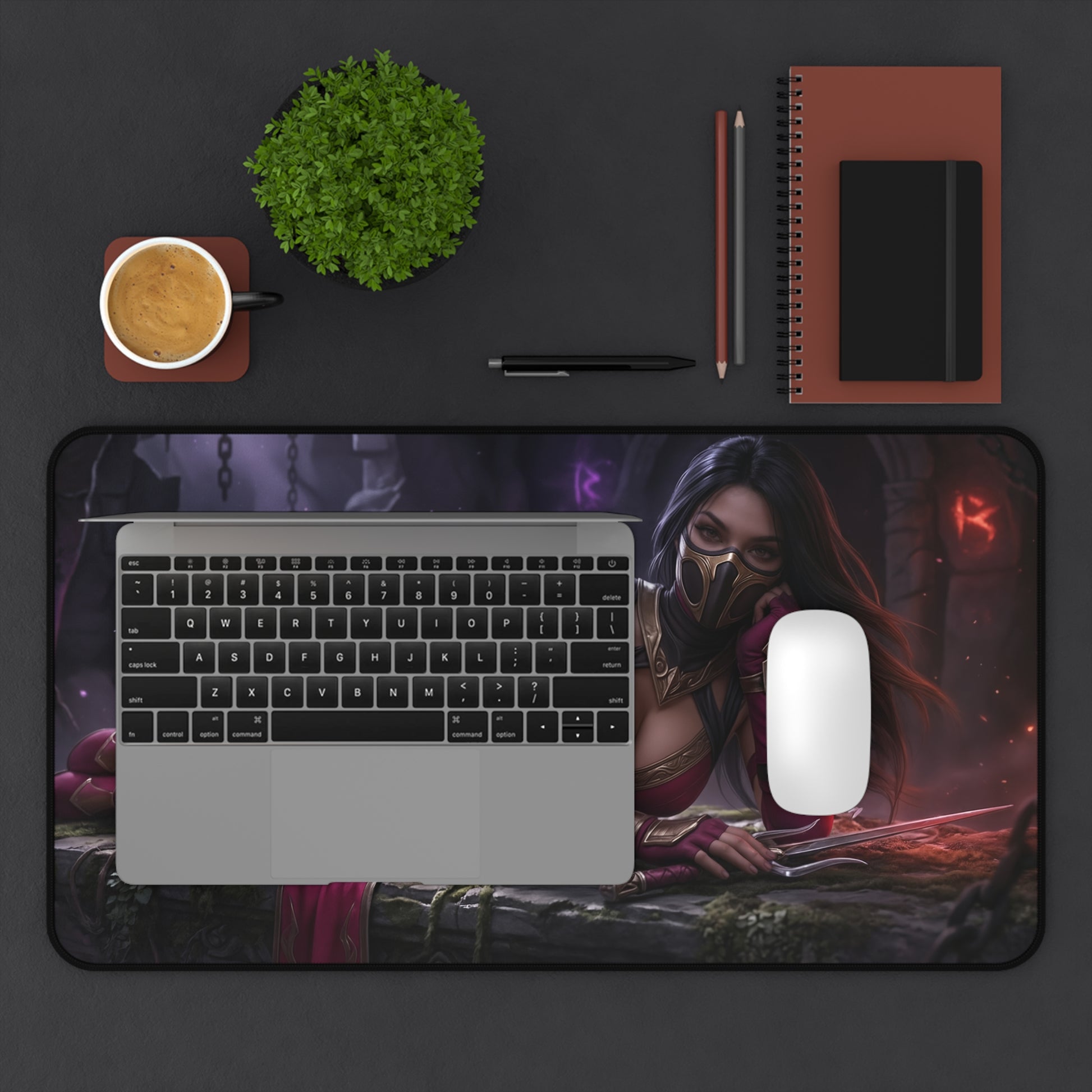 Mileena Gaming Mouse Pad, Mortal Kombat Desk Mat, Outworld Assassin Setup featuring hooded Mileena artwork on large gaming desk mat with laptop and mouse