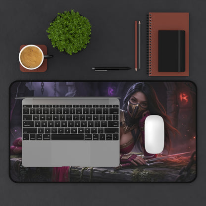 Mileena Gaming Mouse Pad, Mortal Kombat Desk Mat, Outworld Assassin Setup featuring hooded Mileena artwork on large gaming desk mat with laptop and mouse