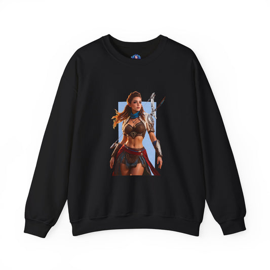 Aloy Sweatshirt, Horizon Crewneck, Cozy Gaming Streetwear for Fans & Collectors – black crewneck with detailed Aloy illustration, braided hair, explorer design