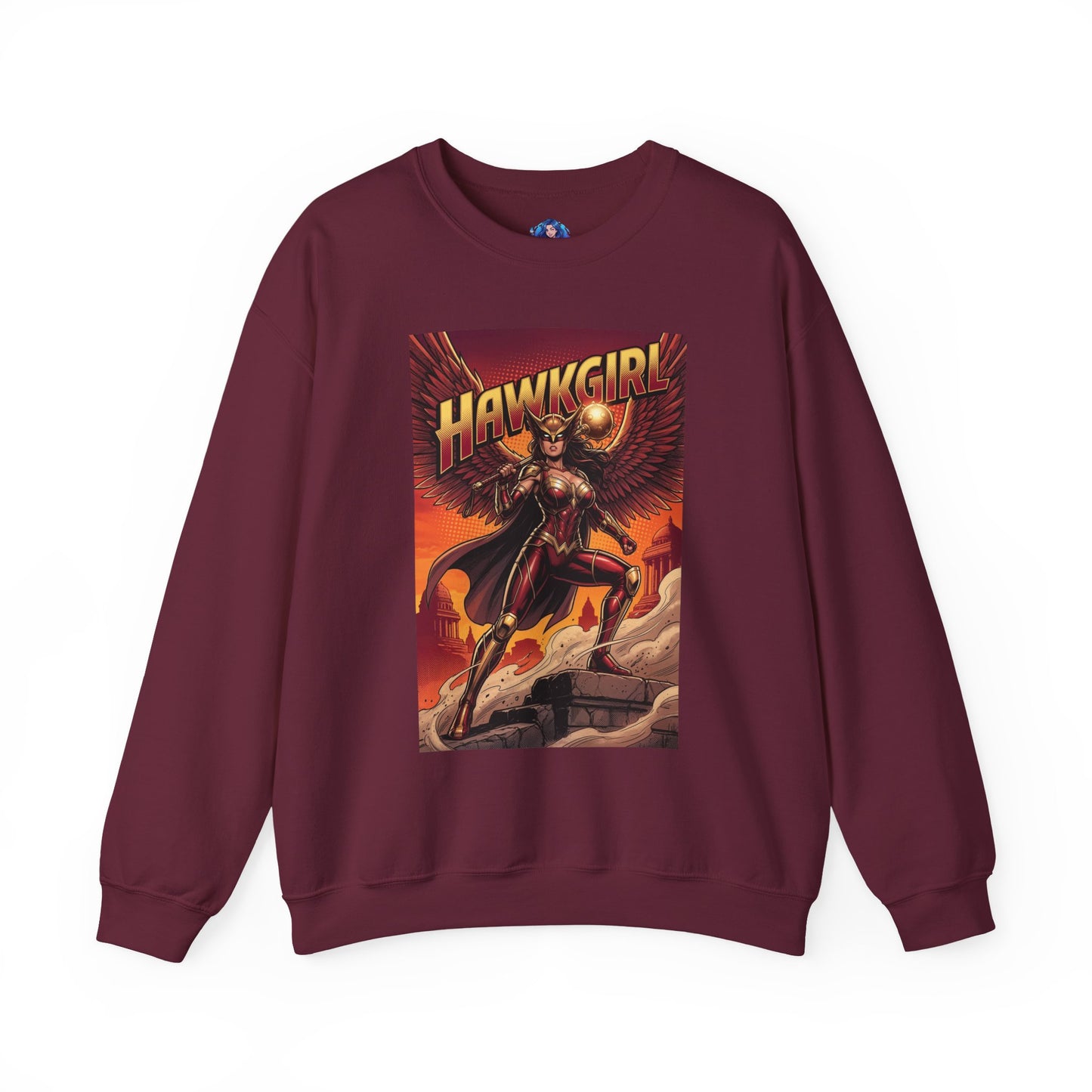 Hawkgirl Sweatshirt, DC Comics Wall Art Style, Premium Heroine Apparel featuring anime-inspired winged armor and mace on burgundy crewneck