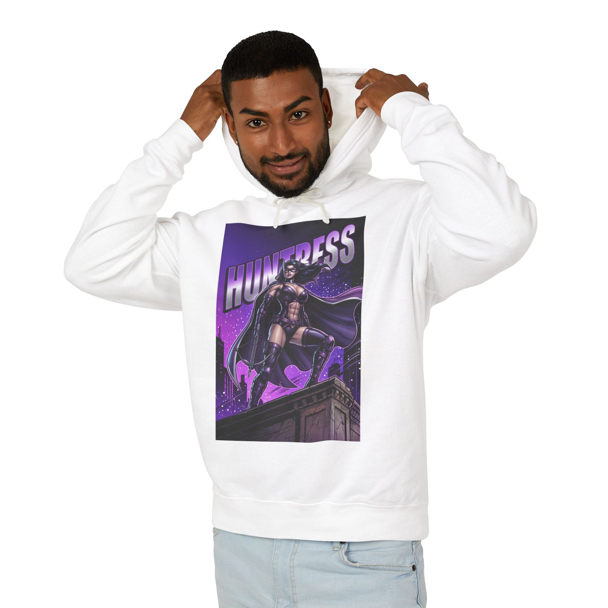 Huntress Hoodie | DC Vigilante Hoodie | Gotham Avenger Pullover - white hoodie with purple Huntress graphic, model wearing hood