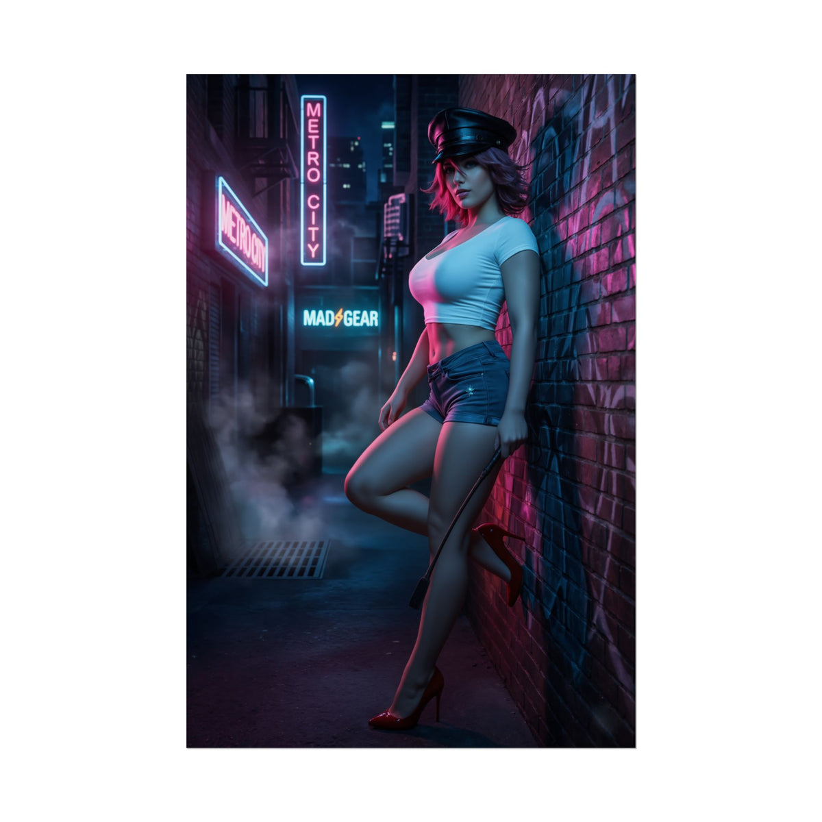 Poison Street Fighter Poster  Iconic Fighting Game Heroine Wall Art, neon alley portrait of fierce arcade heroine
