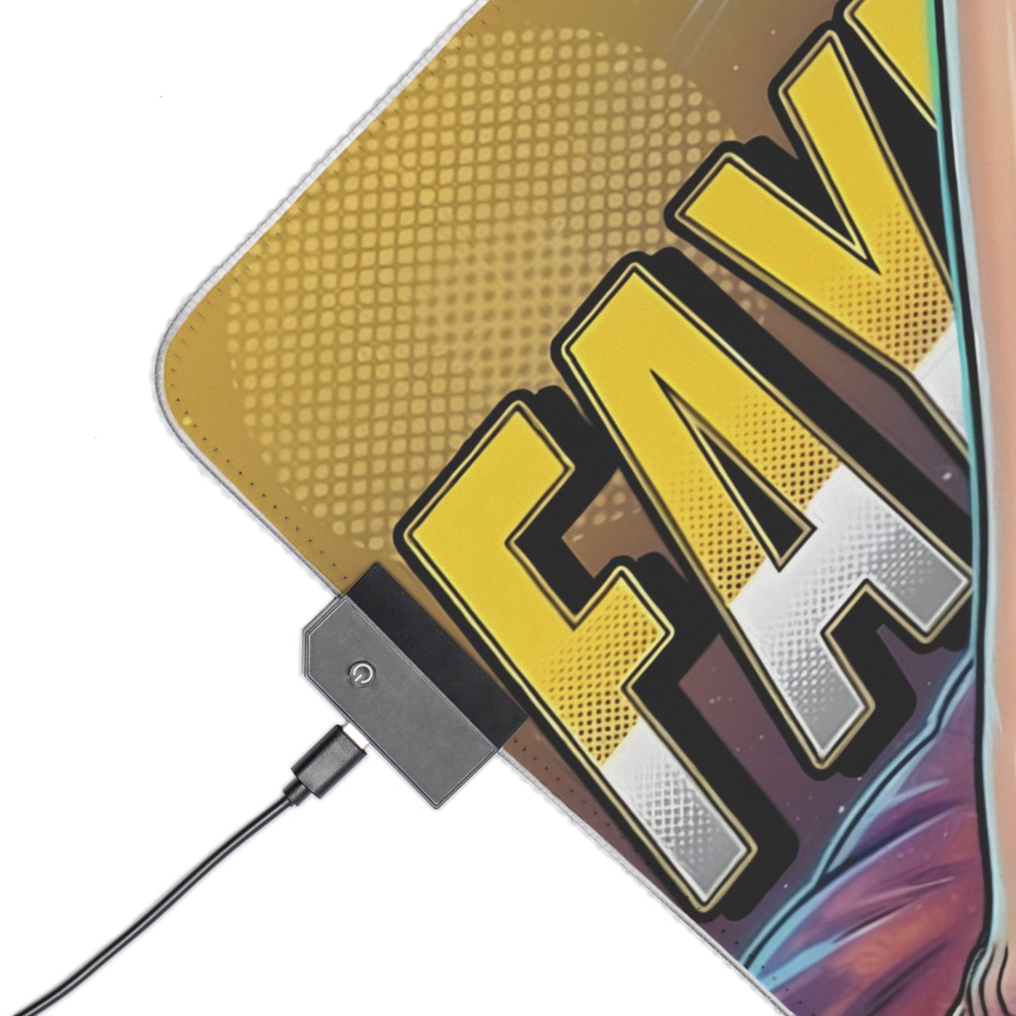 Faye Valentine RGB Desk Mat, Cowboy Bebop Gaming Mouse Pad, LED Desk Mat for Gamer Setup — close-up of RGB edge, USB connector and bold Faye artwork