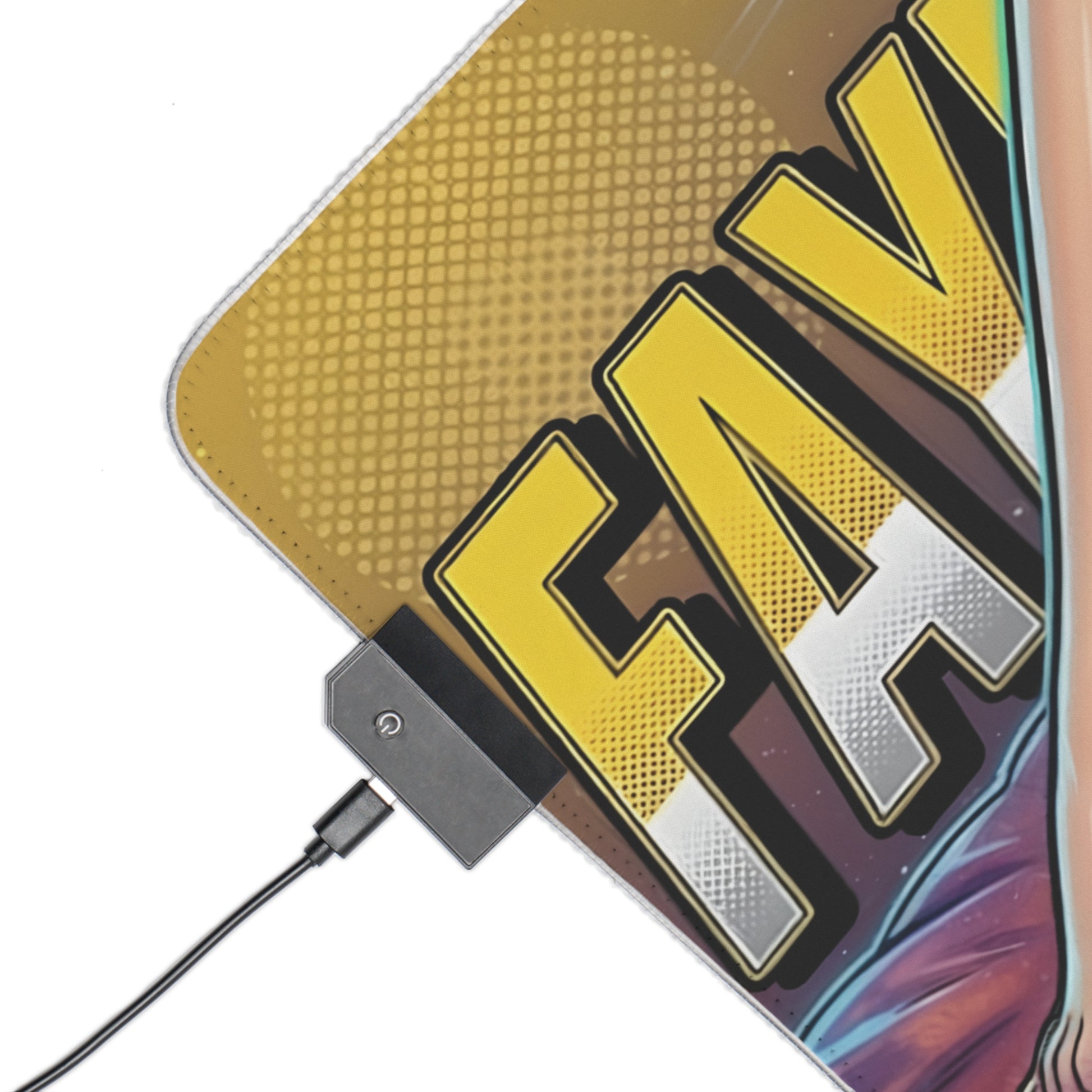 Faye Valentine RGB Desk Mat, Cowboy Bebop Gaming Mouse Pad, LED Desk Mat for Gamer Setup — close-up of RGB edge, USB connector and bold Faye artwork