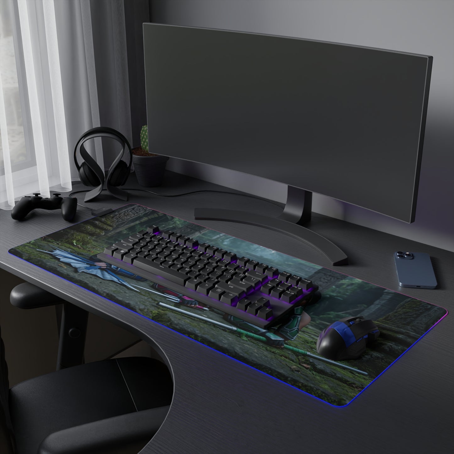 Kitana, Jade, Mileena Desk Mat – LED RGB Pad on gaming desk with keyboard, mouse and ambient RGB lighting