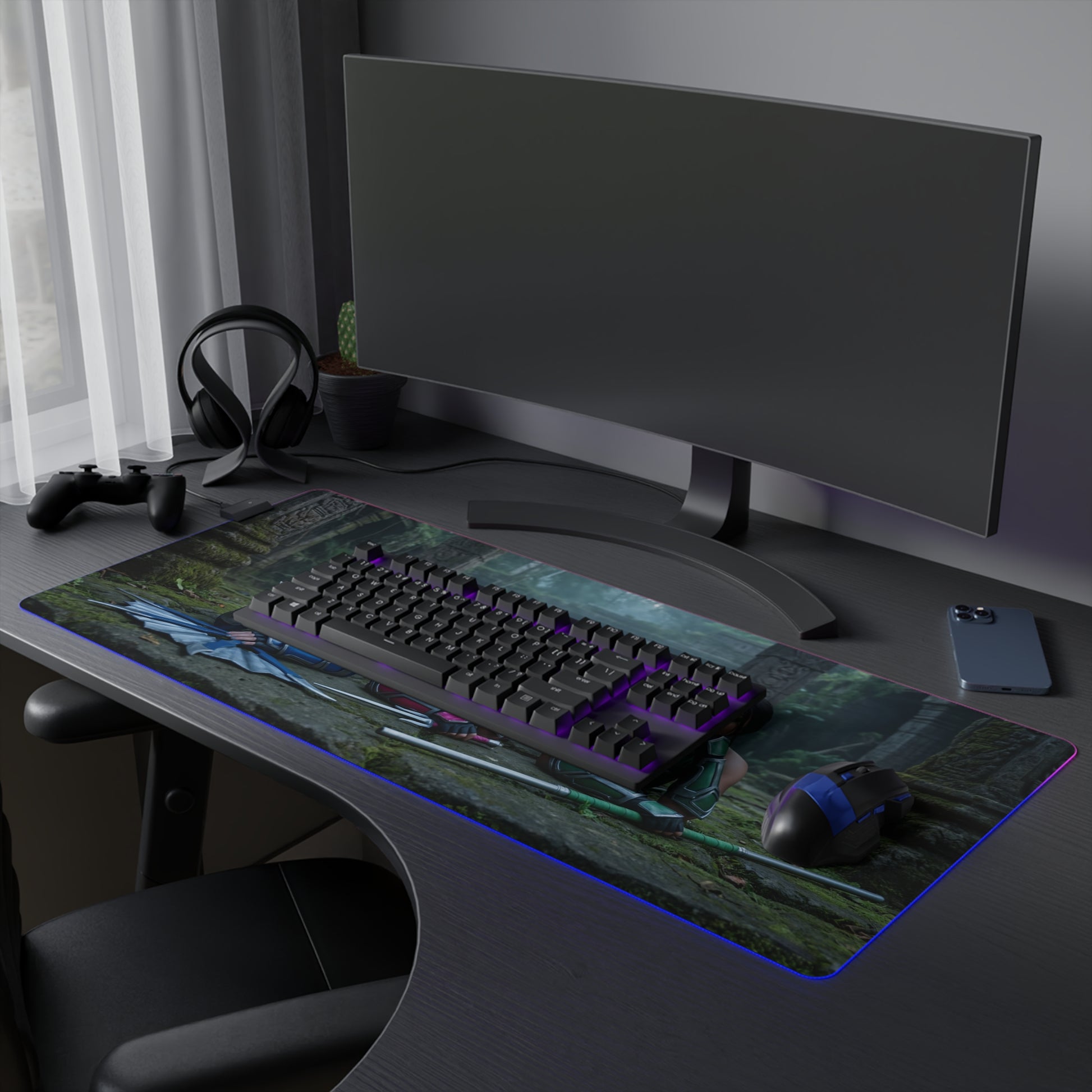 Kitana, Jade, Mileena Desk Mat – LED RGB Pad on gaming desk with keyboard, mouse and ambient RGB lighting