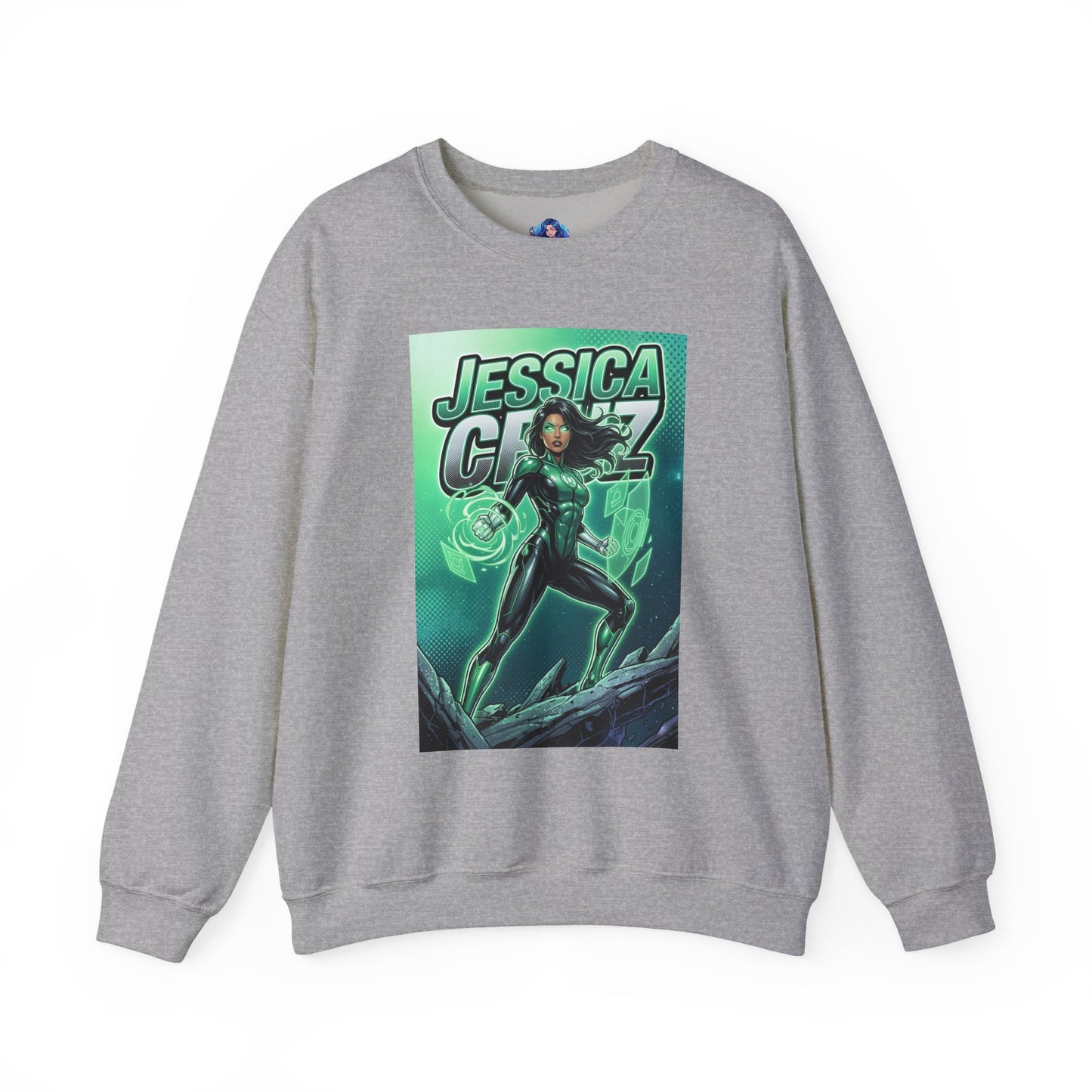 Alt Tag: Jessica Cruz Sweatshirt, DC Comics Crewneck, Green Lantern Fan Apparel showing gray crewneck with glowing comic-style Jessica Cruz graphic