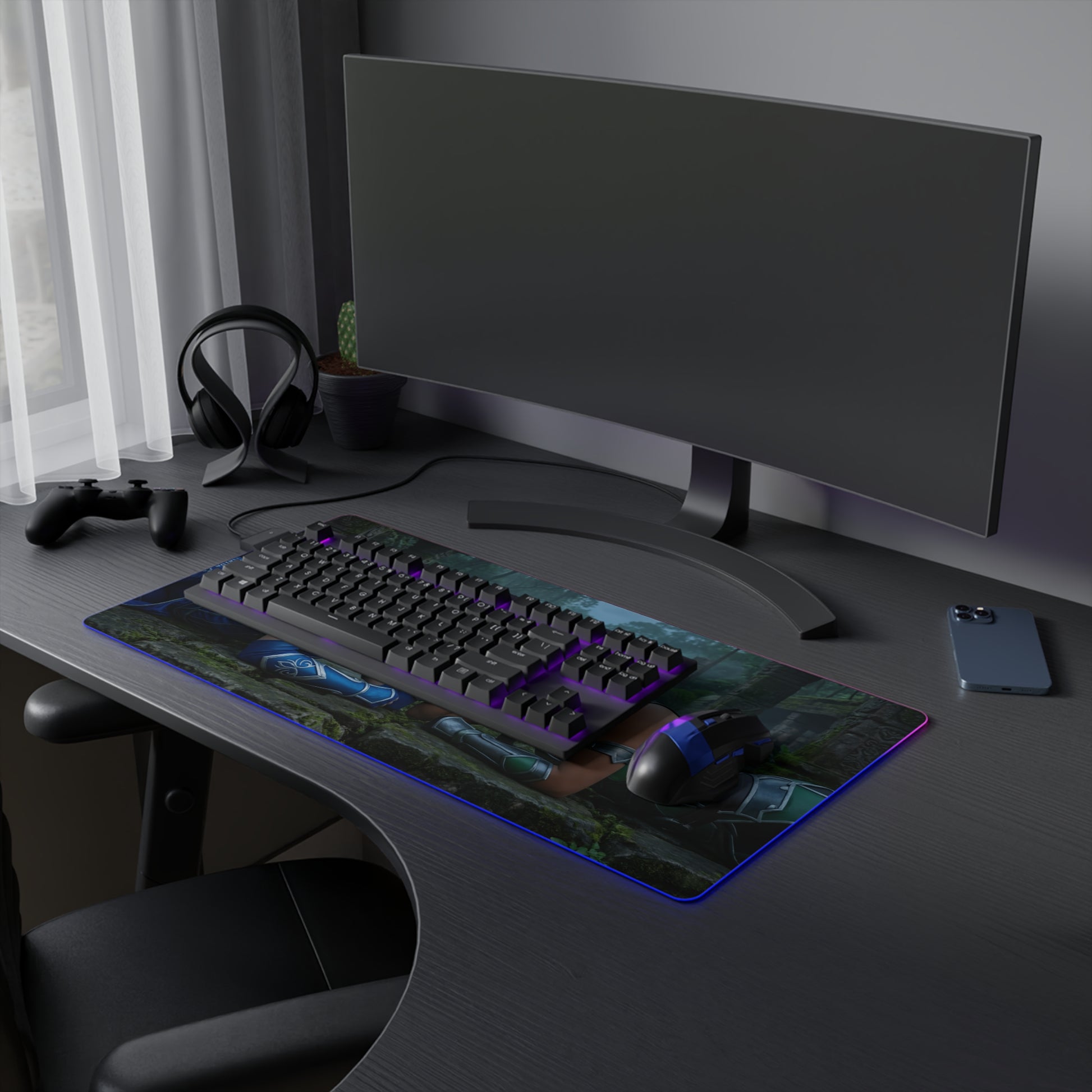 Kitana and Jade Desk Mat – LED RGB Pad, Waifu Fighter Setup on modern gaming desk with keyboard and mouse