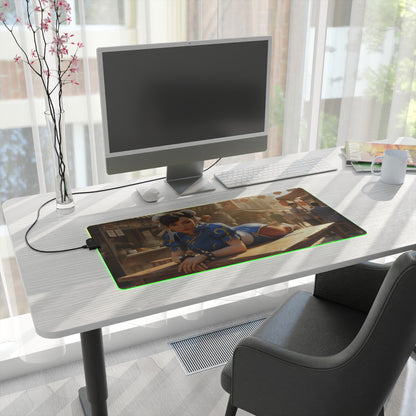 Chun-Li Desk Mat – LED RGB Pad, Waifu Fighter Anime Girl Setup on white desk with monitor and RGB lighting