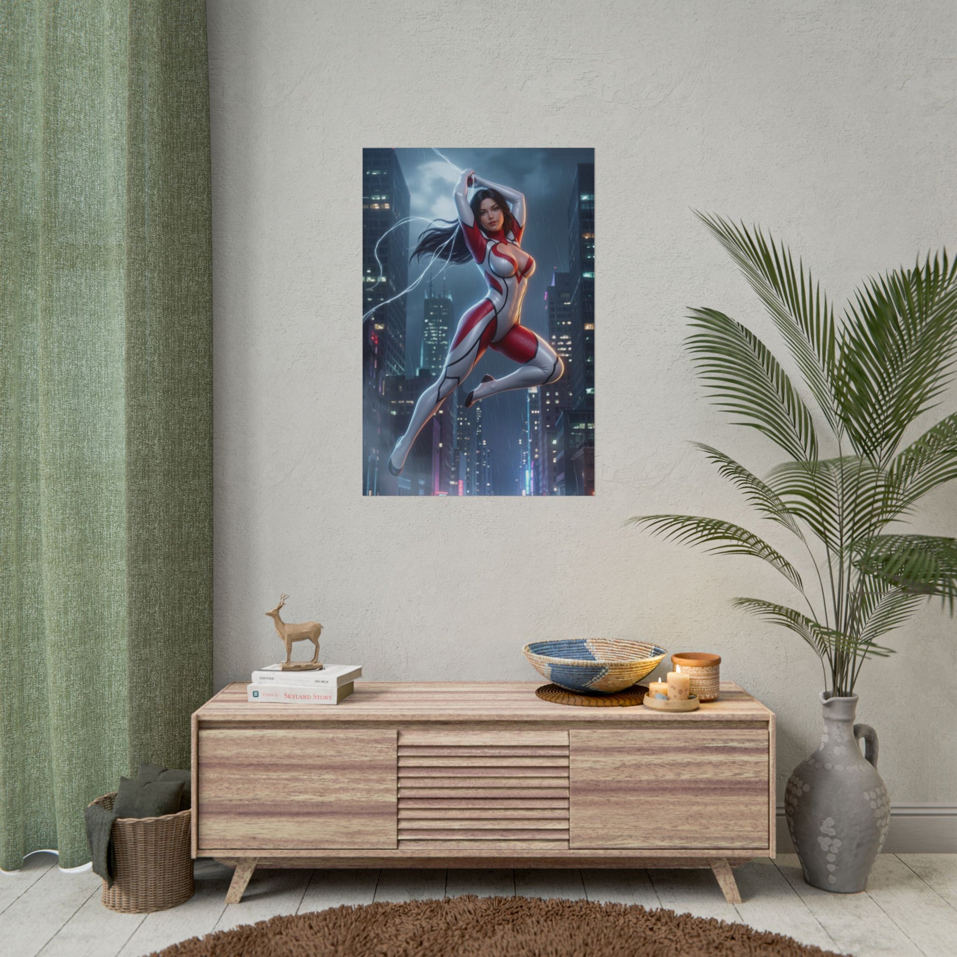 Spider-Woman Poster, Marvel Wall Art Print – Heroine Decor showcasing dynamic Spider-Woman art in a modern living room display