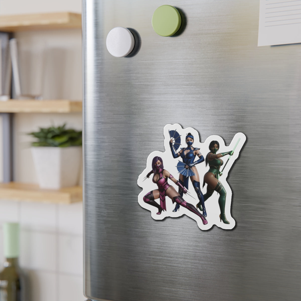 Kitana, Jade, Mileena Magnet – Mortal Kombat Anime Trio Fridge Magnet - die-cut vinyl magnet on stainless fridge showing anime-style trio