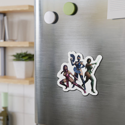 Kitana, Jade, Mileena Magnet – Mortal Kombat Anime Trio Fridge Magnet - die-cut vinyl magnet on stainless fridge showing anime-style trio