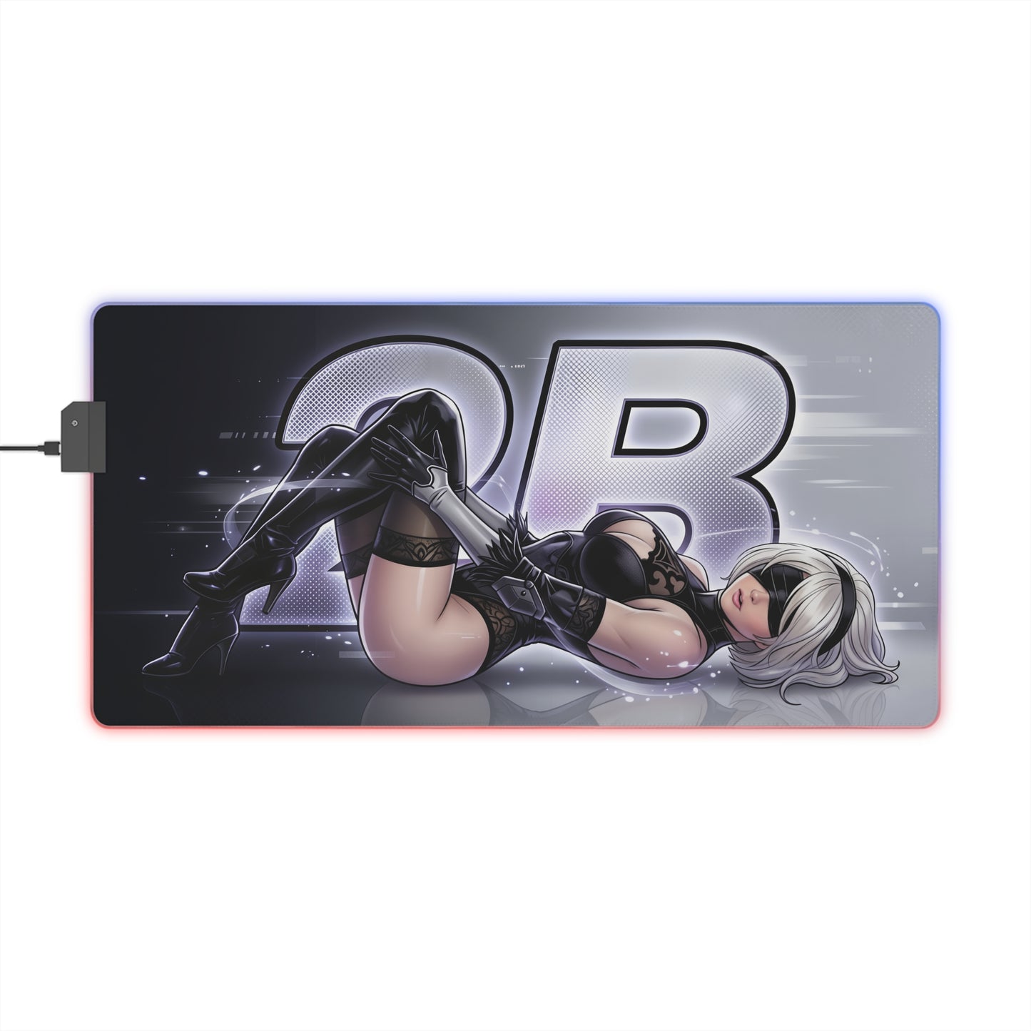 2B RGB Desk Mat, NieR Automata Gaming Mouse Pad, LED Desk Mat featuring reclining 2B artwork, RGB edge lighting, smooth cloth surface for precision
