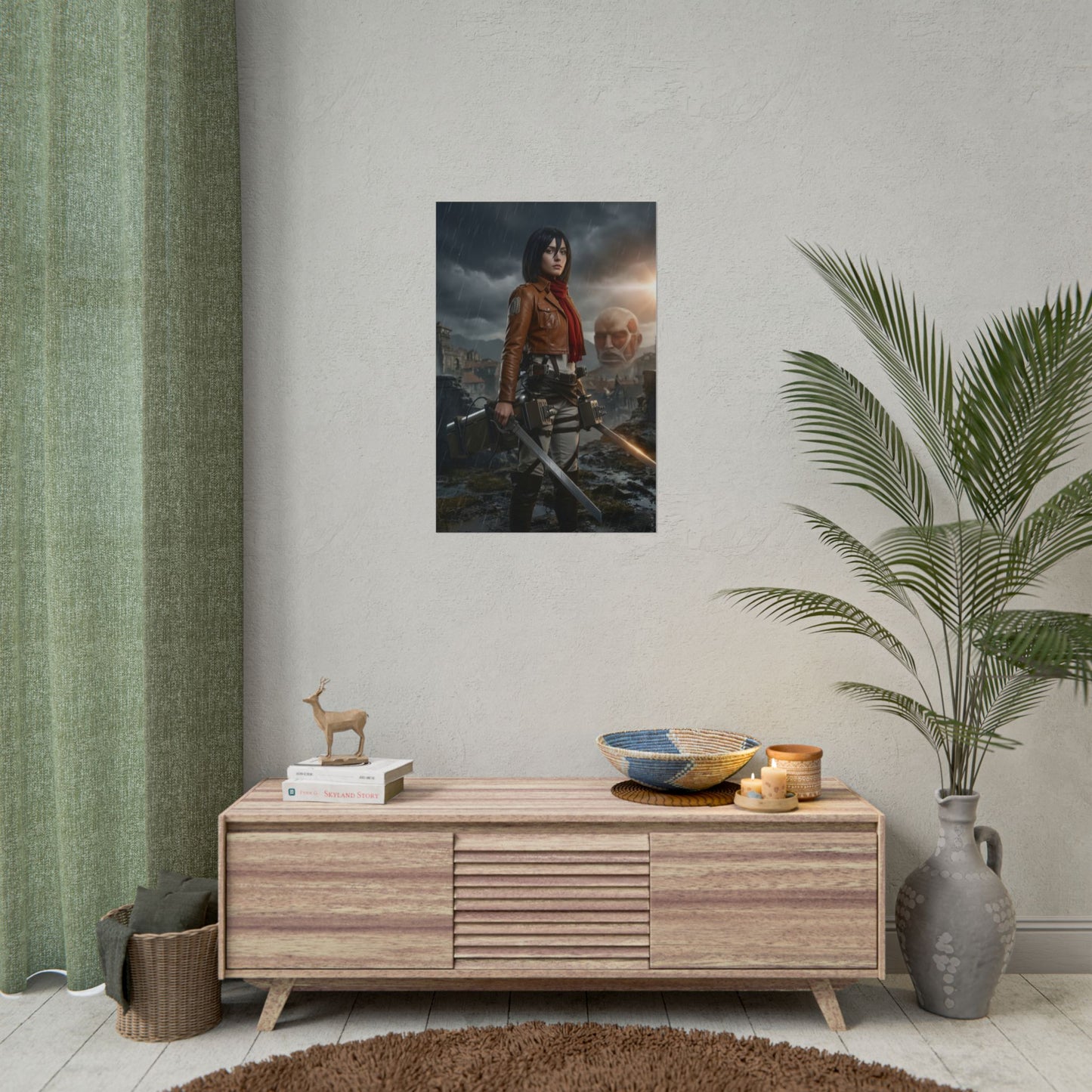 Mikasa Ackerman Poster, Attack on Titan Art Print – Iconic Anime Heroine on neutral wall above modern console, dramatic Mikasa art print for gamer room decor