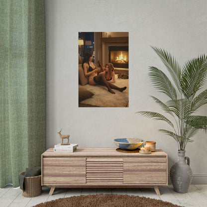 Tifa Aerith Poster, Final Fantasy Art Print – Iconic Game Duo Decor wall art in modern living room showcasing Tifa and Aerith by fireplace
