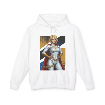 Power Girl Hoodie | DC Comics Hoodie | Anime Superheroine Pullover white hoodie with anime-style Power Girl front graphic