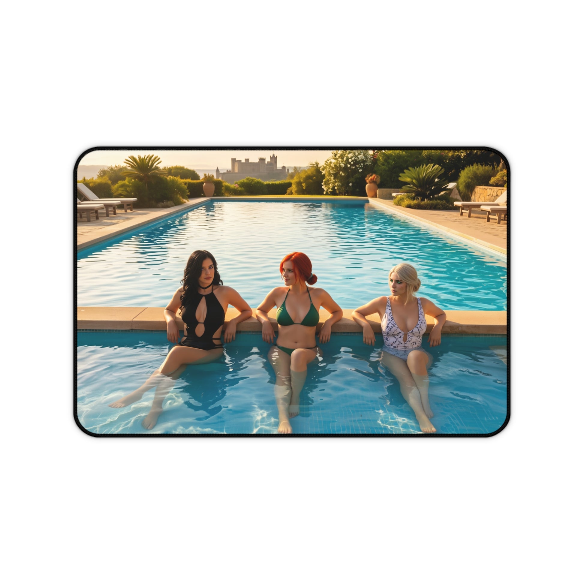 Witcher Gaming Mouse Pad – Ciri Triss Yennefer Desk Mat, Fantasy RPG Setup featuring Ciri Triss and Yennefer poolside artwork